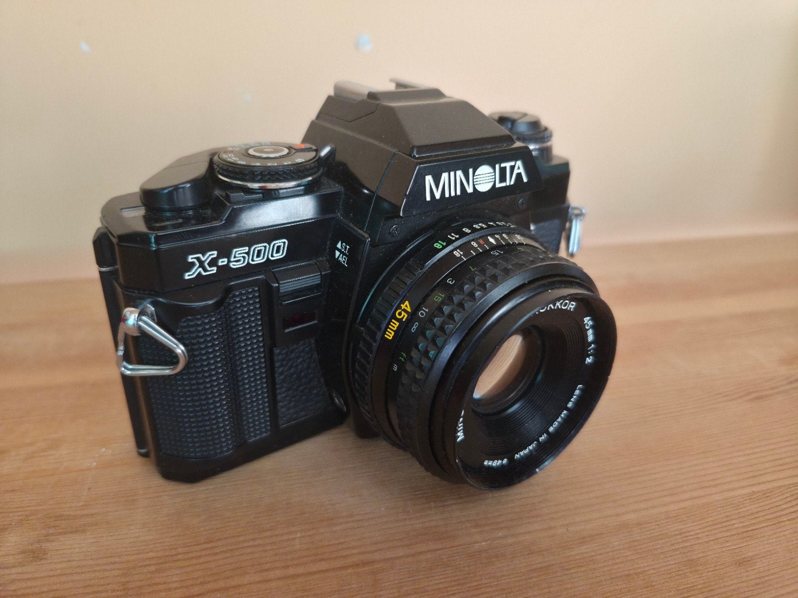 Minolta X-500 met MD ROKKOR 45mm 1:2 lens, Ophalen of Verzenden, Gebruikt, Spiegelreflex, Minolta