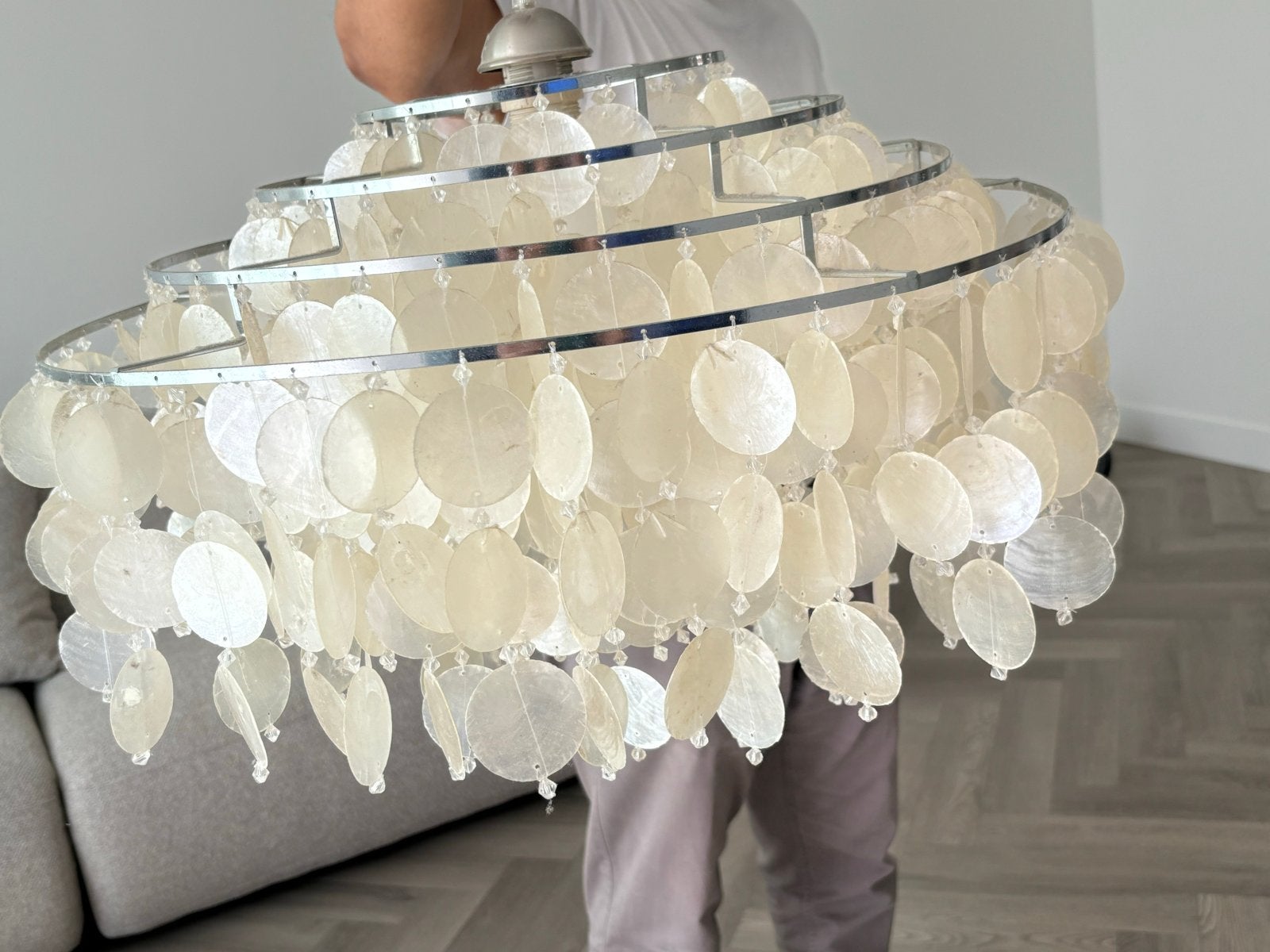 Hanglamp met Capiz Schelpen - Sfeervolle Verlichting, Ophalen of Verzenden, Zo goed als nieuw, Metaal, E27 (groot)