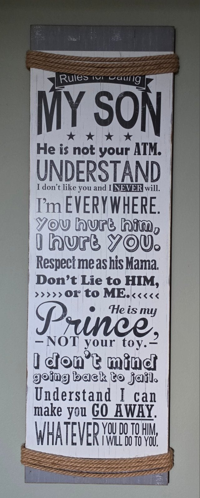 Grappig wandbord 'Rules for Dating My Son', Ophalen, Hout, Vintage, Zo goed als nieuw