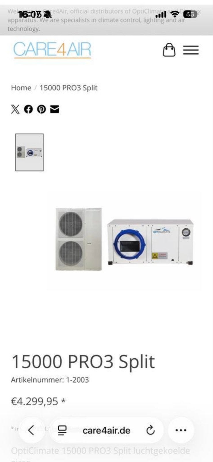 OptiClimate 15000 PRO3 Split Airco Systeem, Gebruikt, 3 snelheden of meer, Ophalen of Verzenden, Koelen en Ontvochtigen