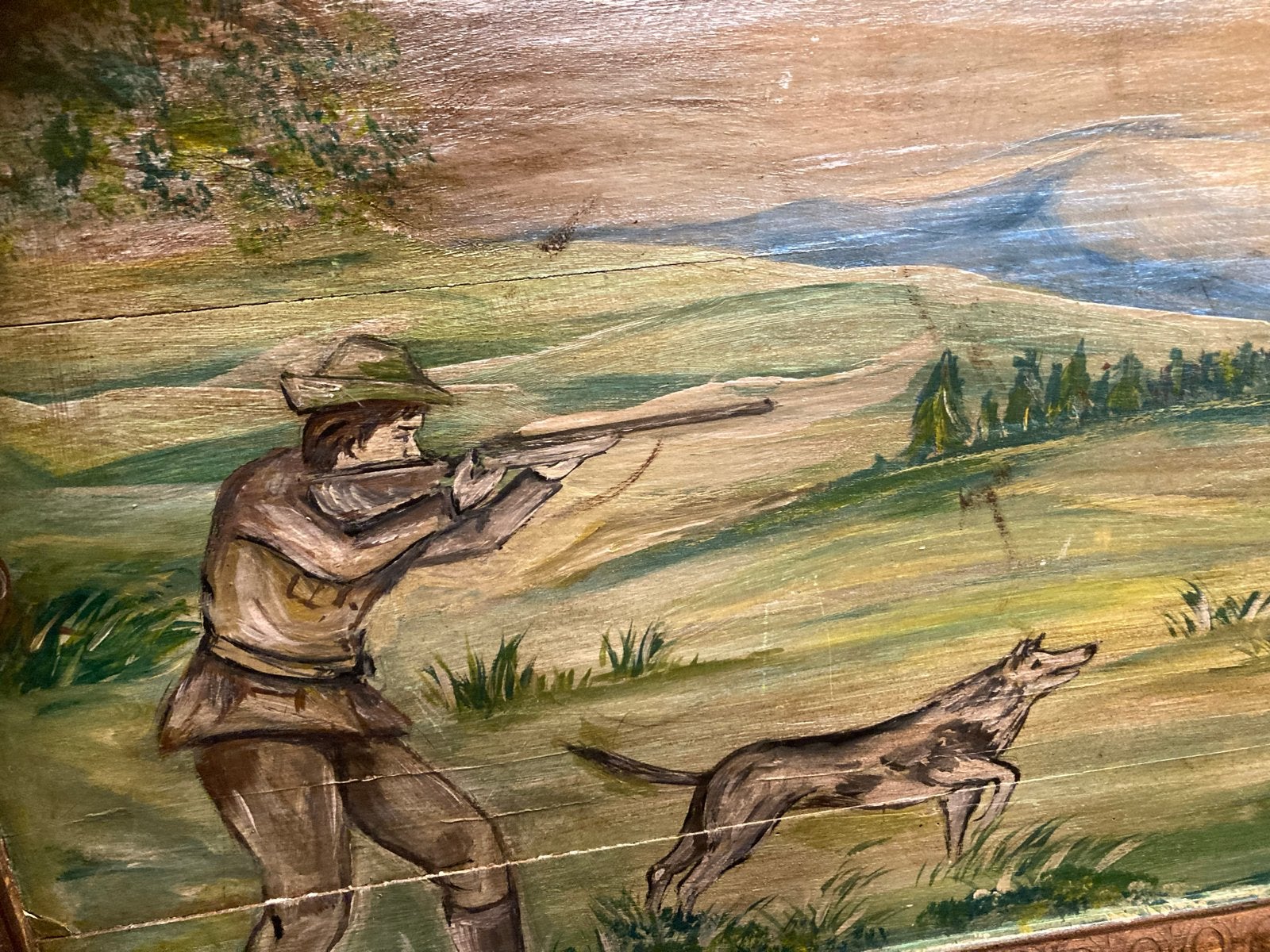 Sfeervol Schilderij: Jager met Hond en Haas in Landschap, Antiek en Kunst, Kunst | Schilderijen | Klassiek, Ophalen, Paneel, Overige stijlen