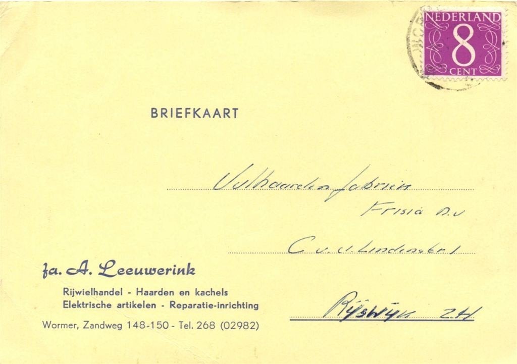fa. A. Leeuwerink, Wormer - 05.1960 - briefkaart, Ophalen of Verzenden, Briefkaart