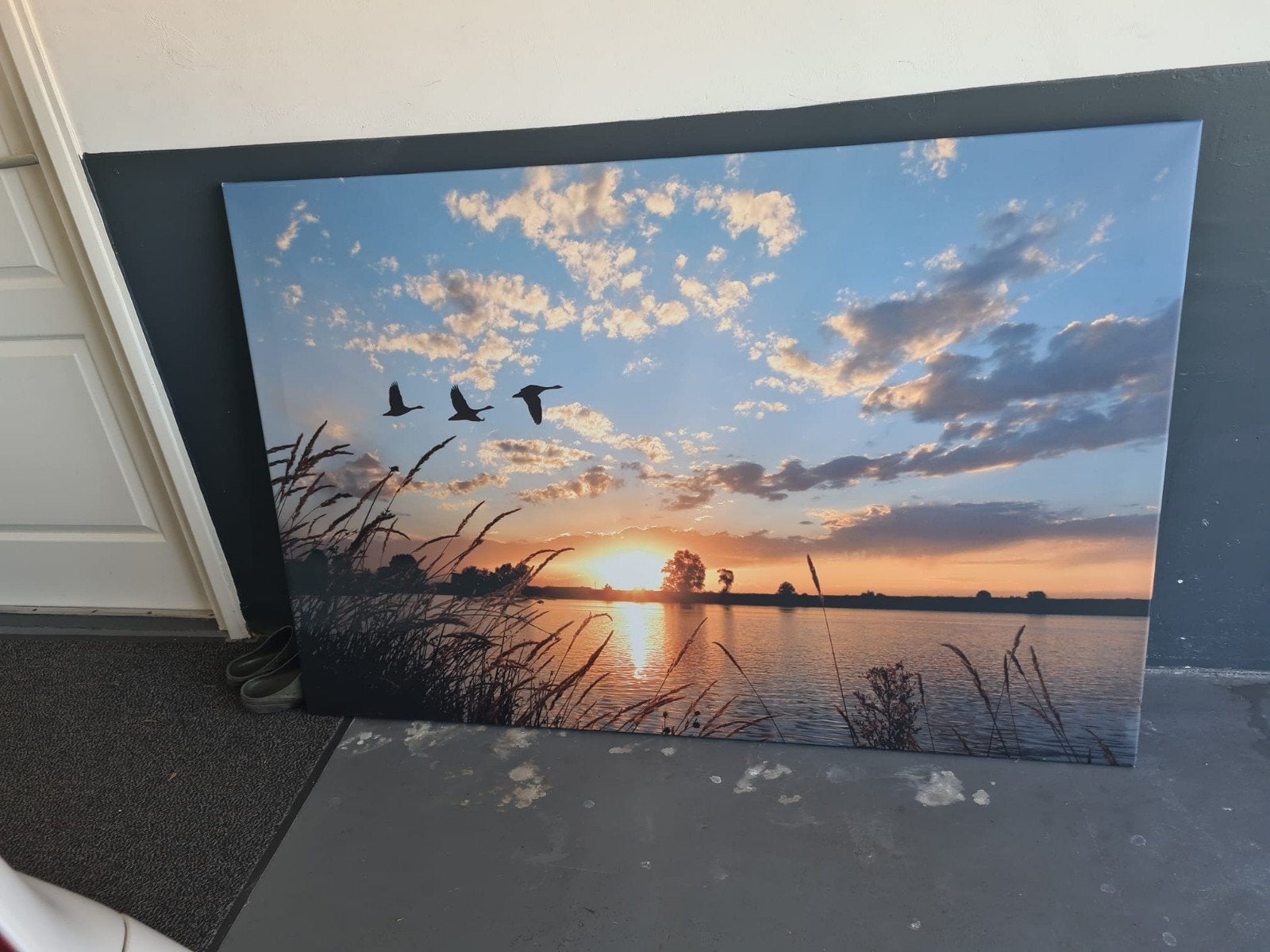 Schilderij zonsondergang met vogels, 50 – 75, Ophalen of Verzenden, Zo goed als nieuw, Schilderij