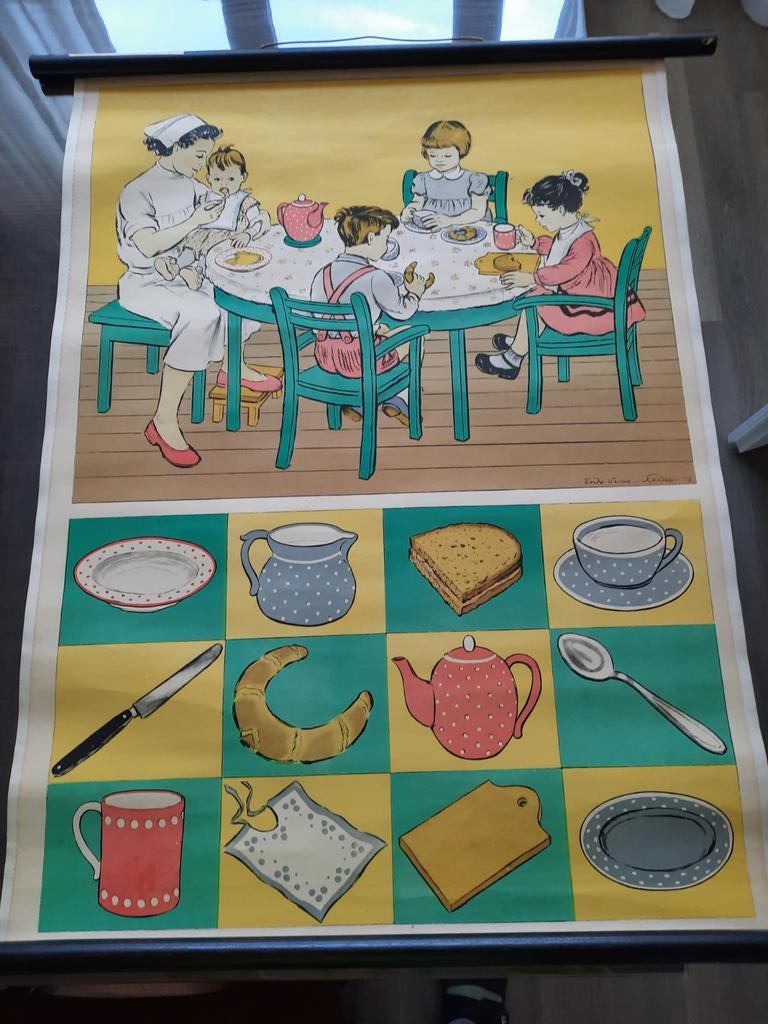 Antieke schoolplaat: Ontbijt met kinderen. Afmeting 57x78 cm, Ophalen of Verzenden, Natuur en Biologie