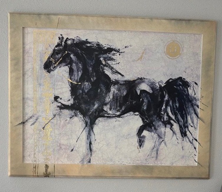 Schilderij (afdruk) zwart paard Lepa Zena (Marta Gottfried), Ophalen, Gebruikt, Schilderij, 100 tot 125 cm