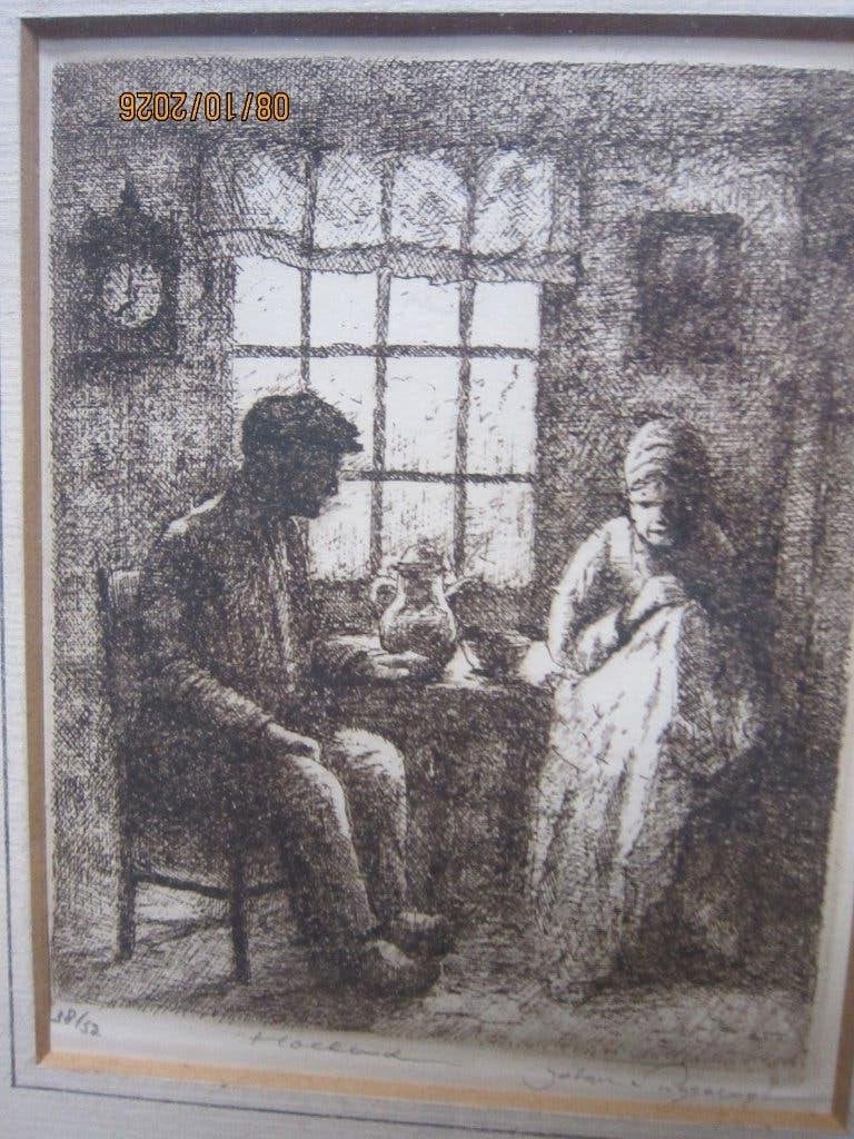 JOHAN VAN RIJSEWIJK SR Oud etsje 2 Oude mensen in Huiskamer, Ophalen, Dagelijks leven, Ets, 1900 - 1949