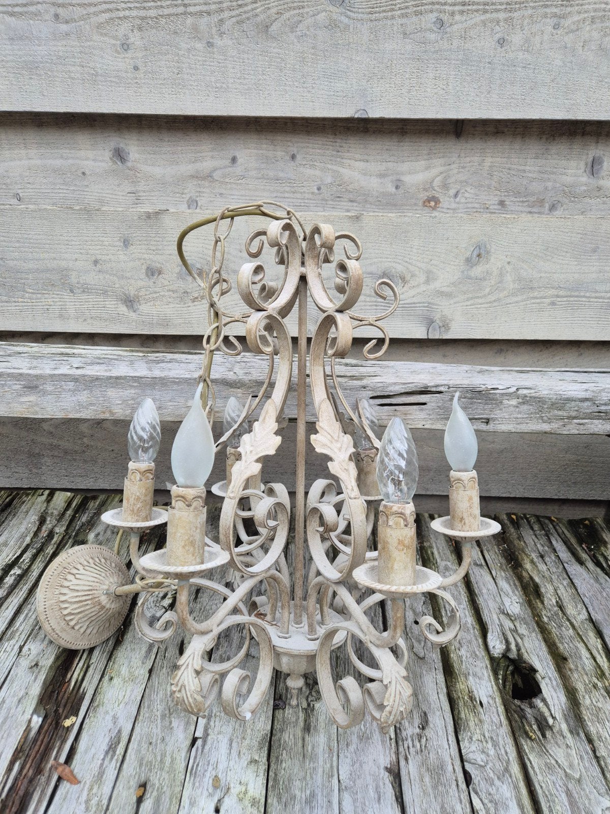 Elegante kroonluchter met 6 lampen in naturel tint, Ophalen, Gebruikt, Klassiek, Landelijk, Elegant, E14 (klein)