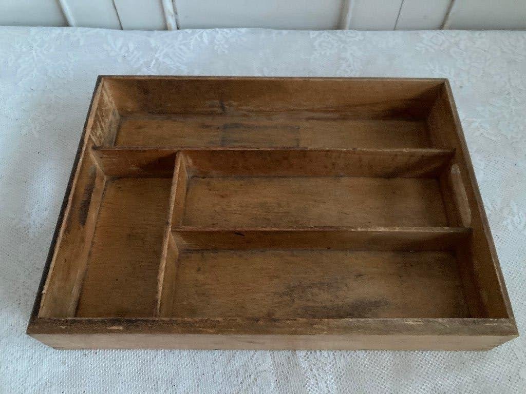 Brocante houten bestekbak met 4 vakken, Ophalen of Verzenden