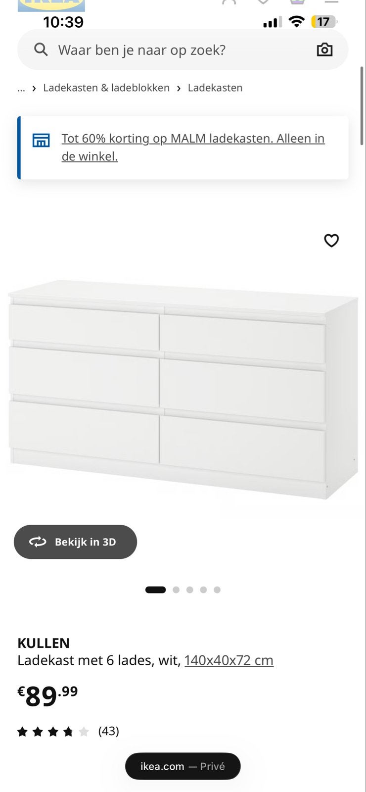 2x KULLEN Ladekast met 6 lades, wit - 140x40x72 cm, Ophalen, Overige materialen, Gebruikt, 100 tot 150 cm