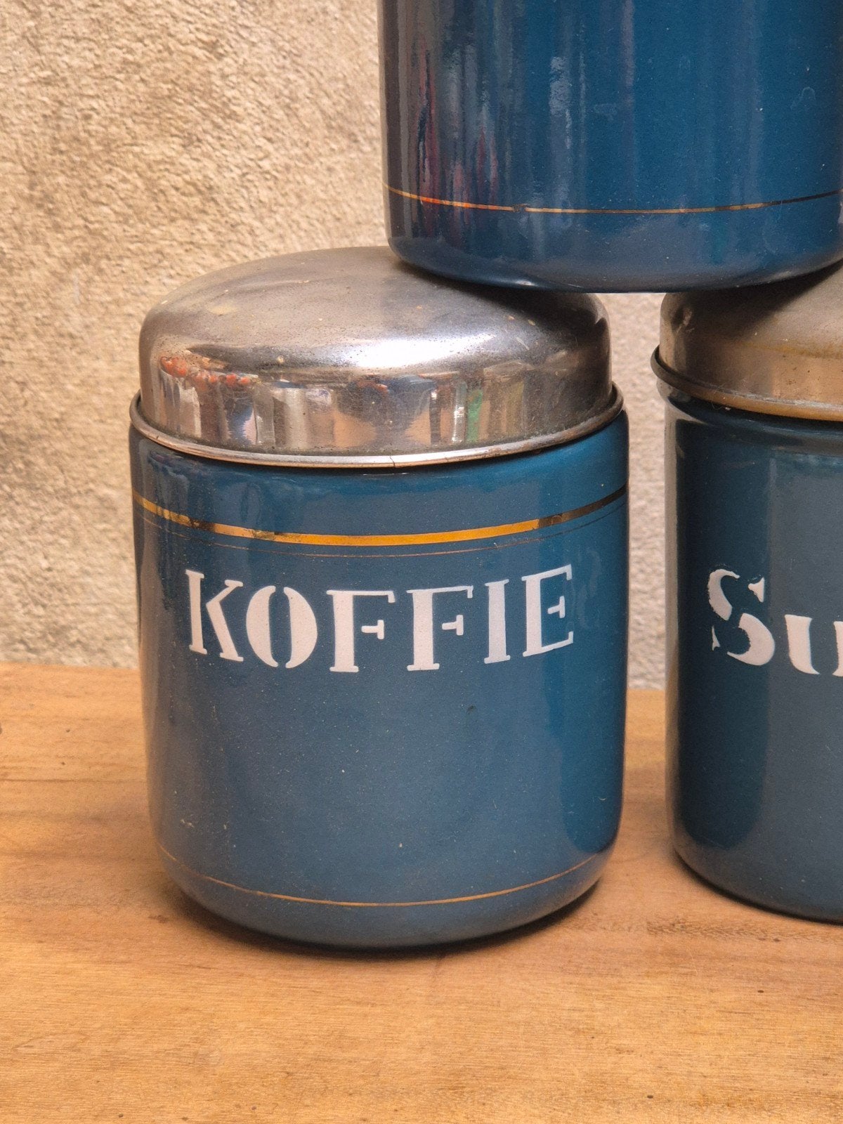 Set van 6 Vintage Emaille Voorraadbussen – Petrolblauw, Antiek en Kunst, Ophalen of Verzenden