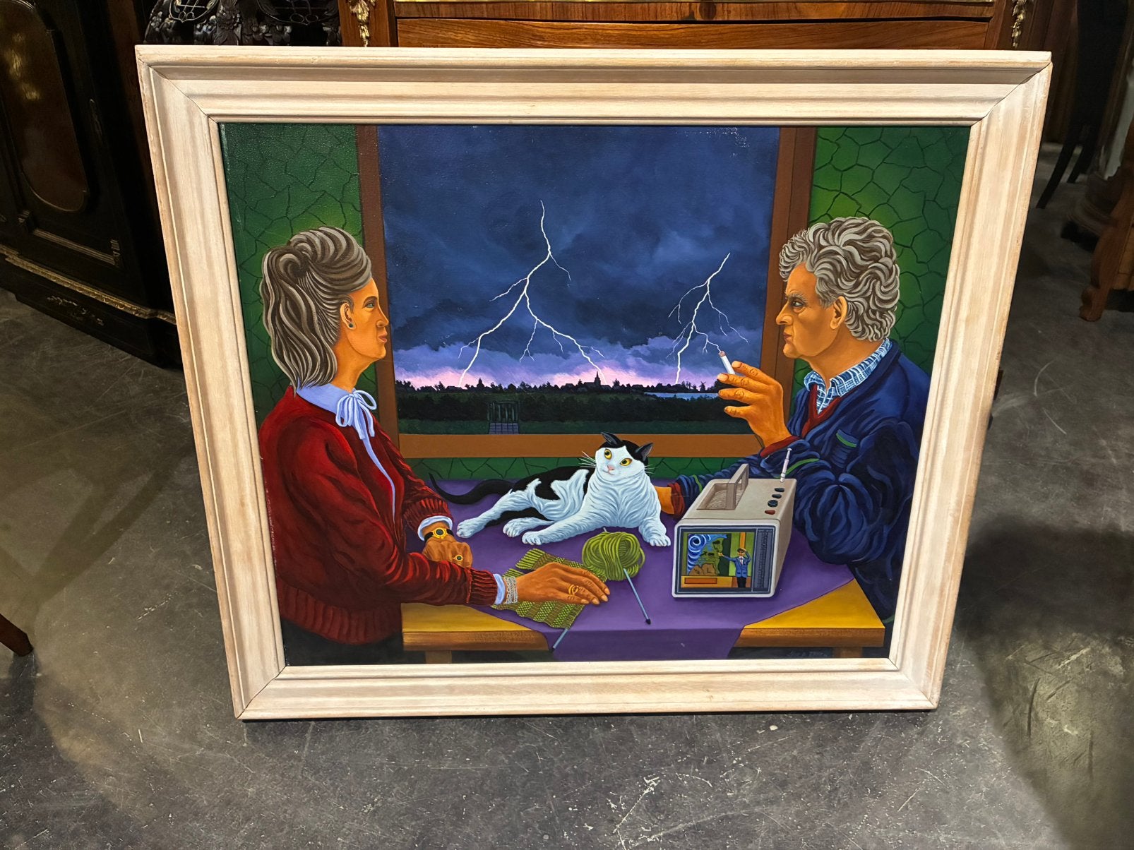 Man, vrouw en kat bij onweer aan de keukentafel. Joep Erven., Antiek en Kunst, Kunst | Schilderijen | Klassiek, Ophalen