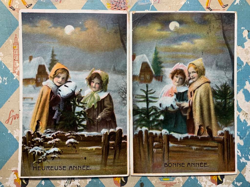 1912 Heureuse/Bonne Année - meisjes, sneeuw, volle maan (CC), Verzamelen, Ansichtkaarten | Themakaarten, Ophalen of Verzenden