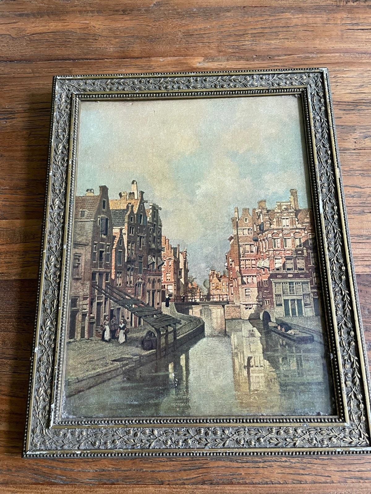 Klassiek schilderij: Gracht in Amsterdam met figuren, Ophalen of Verzenden, Klassiek, Print, Ingelijst
