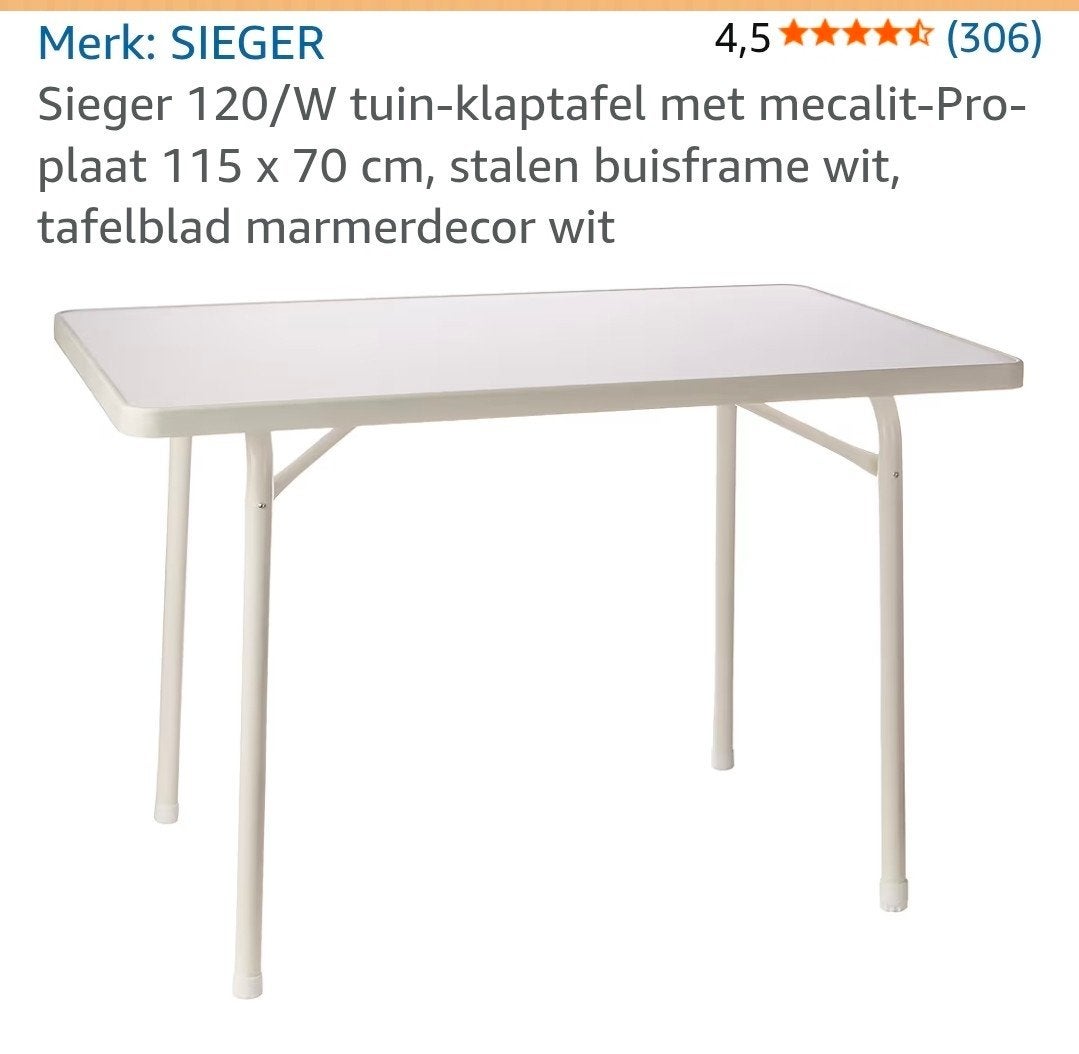 SIEGER Klaptafel 120/W, 115x70 cm, wit, U-beugel frame, Ophalen