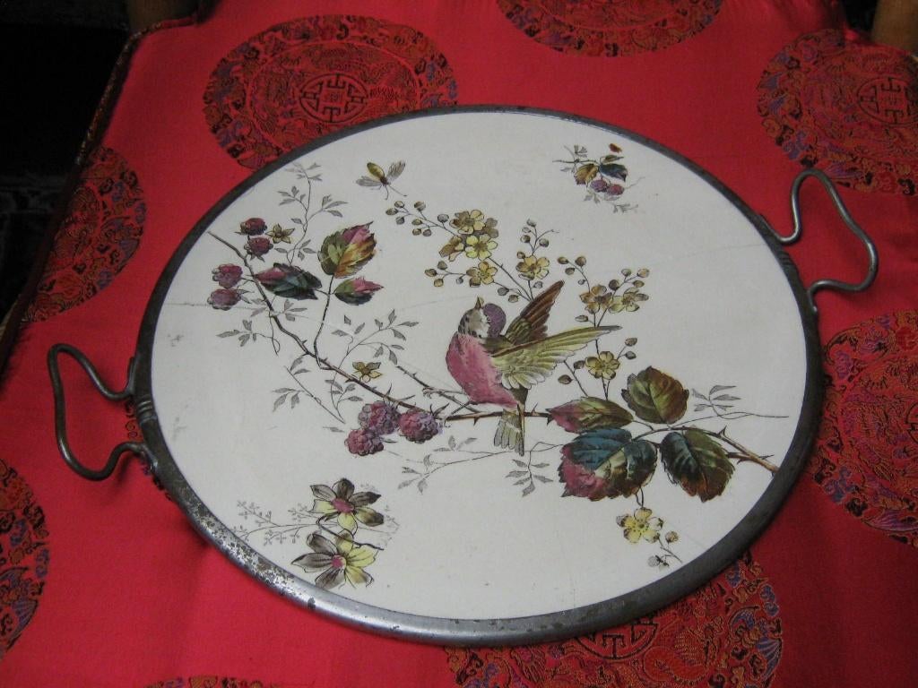 Dienblad, onderzetter metaal en keramiek vogel braam, Antiek en Kunst, Verzenden