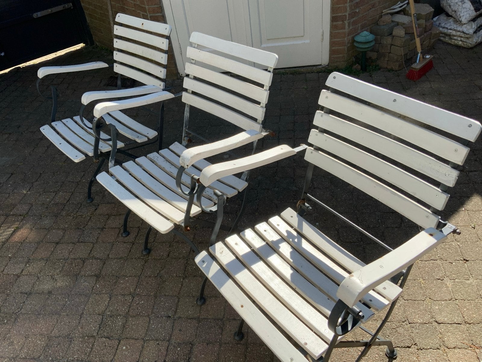 Set van 3 vintage tuinstoelen, wit metaal en hout, Ophalen, Gebruikt, Hout, Inklapbaar