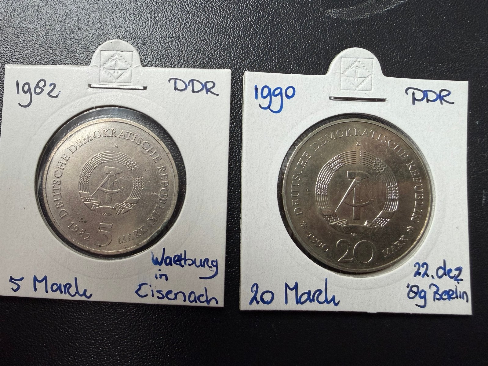 DDR Munten: 5 Mark 1982 Wartburg & 20 Mark 1990 Berlijn, Ophalen of Verzenden, Duitsland, Setje
