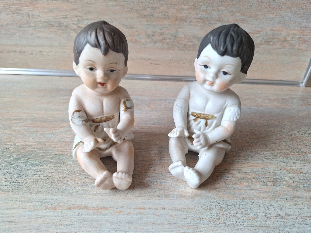 Duo Bisque Piano Baby Beeldjes - Handgeschilderd Porselein, Antiek en Kunst, Ophalen