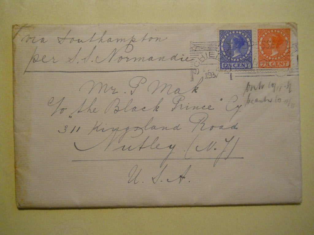 Nederland Zeepost per SS Normandie via Southampton naar USA, Ophalen of Verzenden, Envelop