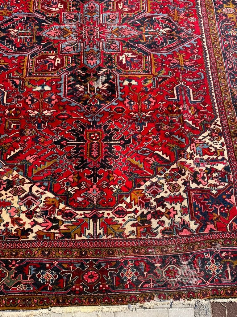 Prachtig Heriz tapijt –386x292cm –opvallend rood & turquoise, Wool, Gebruikt, Crème, 200 cm of meer