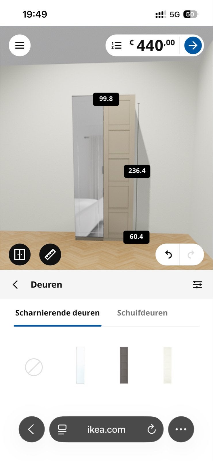 IKEA PAX Kledingkast met spiegel- en paneeldeur, Huis en Inrichting, Ophalen, 200 cm of meer, 50 tot 100 cm, Zo goed als nieuw