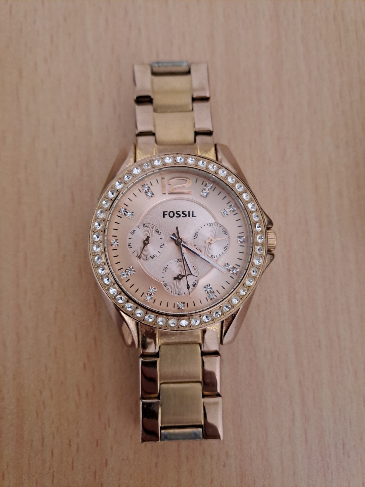 Fossil dameshorloge met strass en gouden band, Staal, Gebruikt, Staal, Fossil