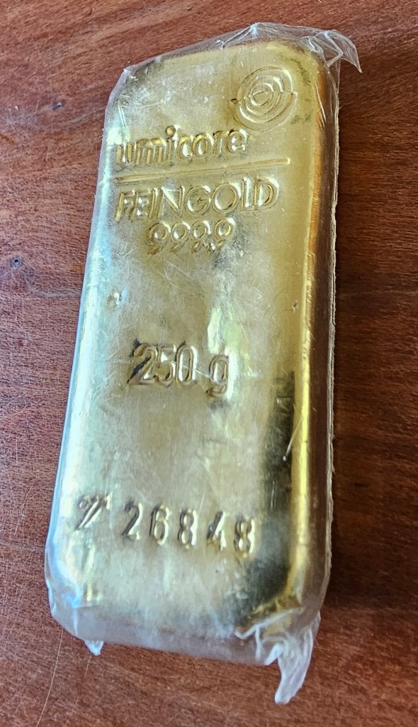 250 gram .999 fijn goud Umicore, Postzegels en Munten, Edelmetalen en Baren, Goud, Ophalen