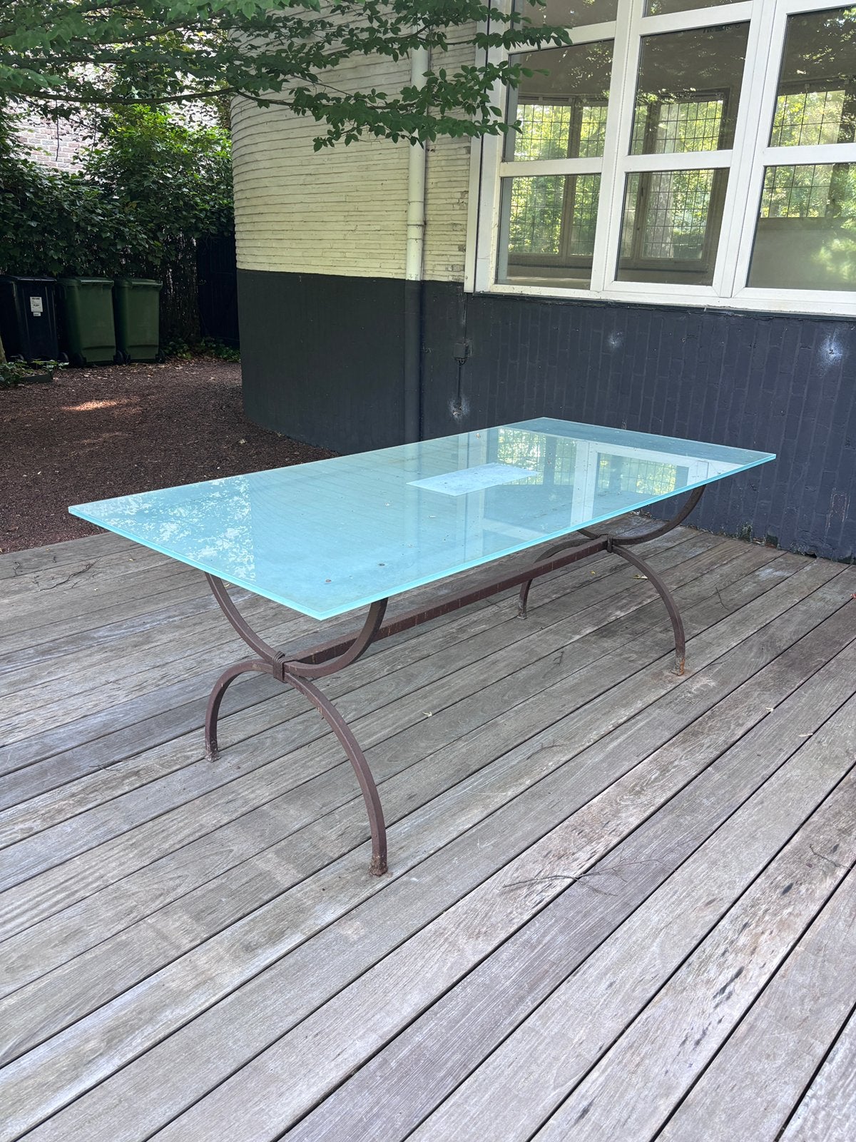 Smeedijzeren tafel met glazen blad 200x95, Ophalen, Zo goed als nieuw, Rechthoekig, Metaal