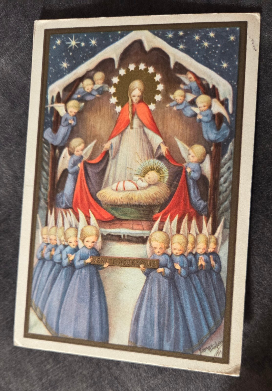 Oude Kerstkaart: Maria, Kindje Jezus en Engelen (1932), Verzenden, 1920 tot 1940, Gelopen, Feest(dag)