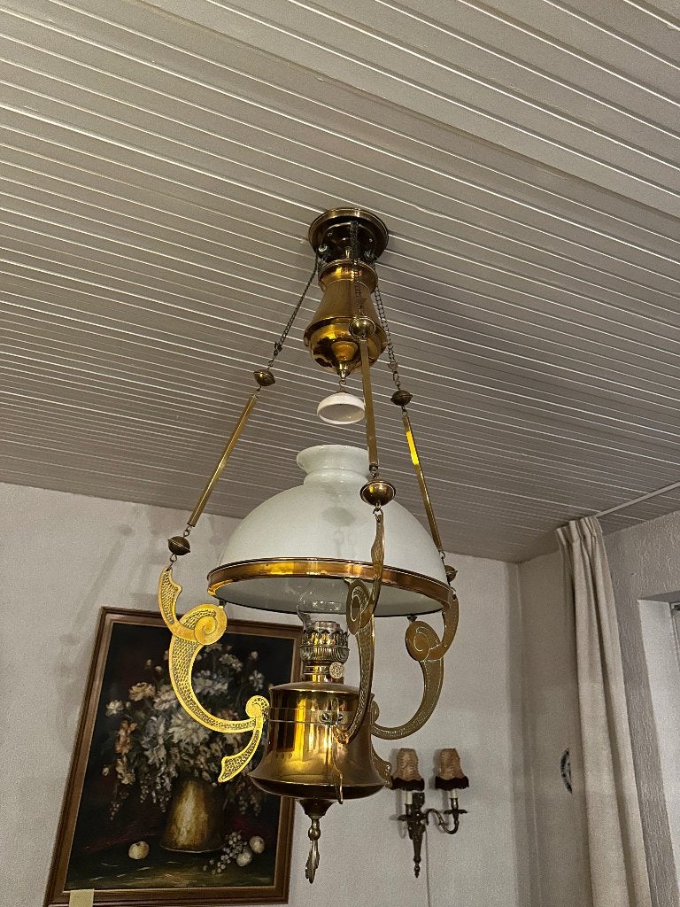 Antieke koperen olie hanglamp, Antiek en Kunst, Ophalen