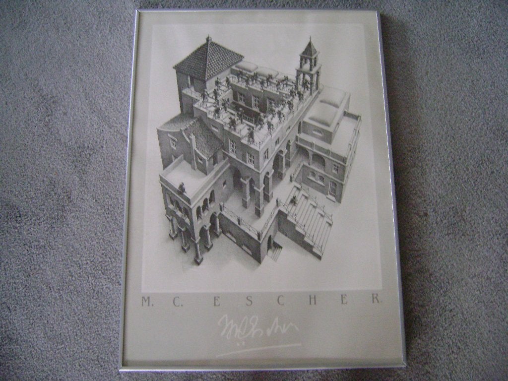 Mooi ingelijste poster M.C.Escher.50x70cm(Zie omschrijving), Ophalen, Rechthoekig Staand, Met lijst, Zo goed als nieuw