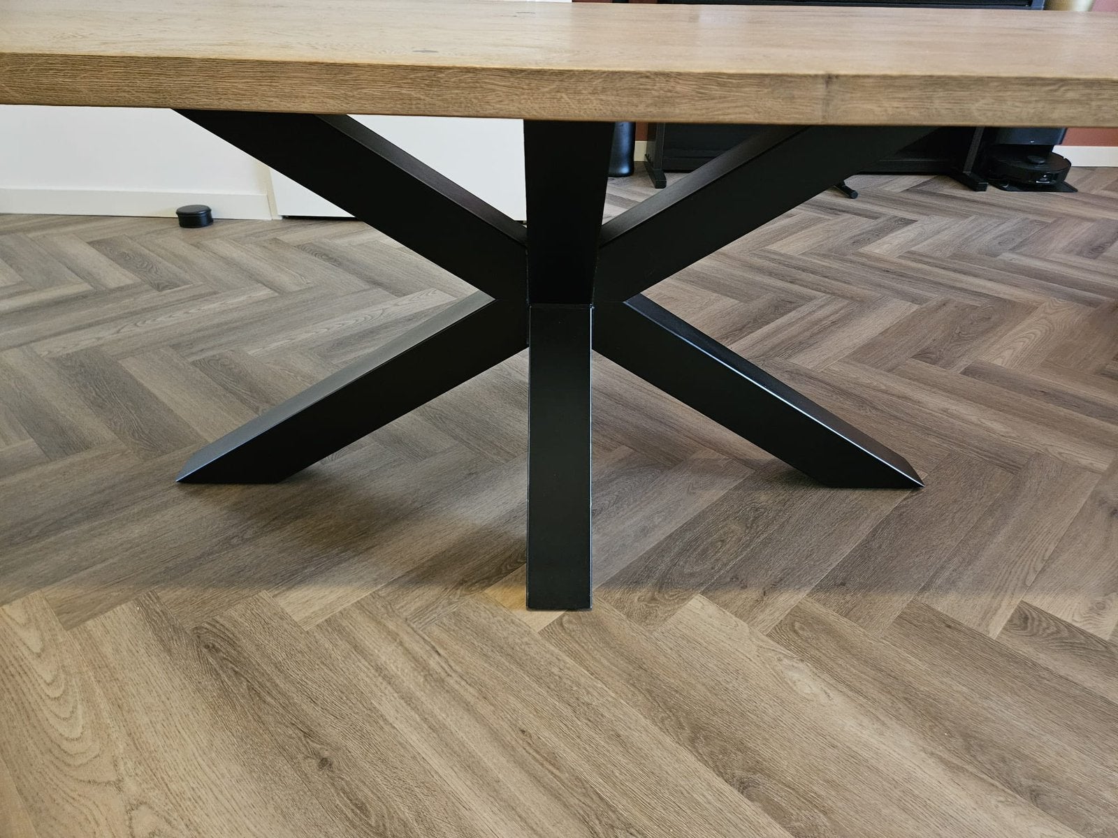 Eettafel vergrijsd eikenhout met spinpoot, Huis en Inrichting, Tafels | Eettafels, Ophalen, Eikenhout, 200 cm of meer, 50 tot 100 cm