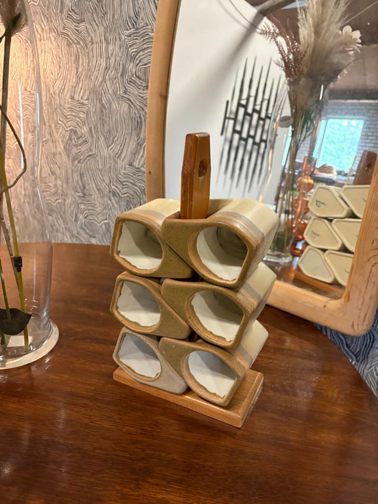 Vintage stapelbare keramische mokken met houder, Ophalen of Verzenden