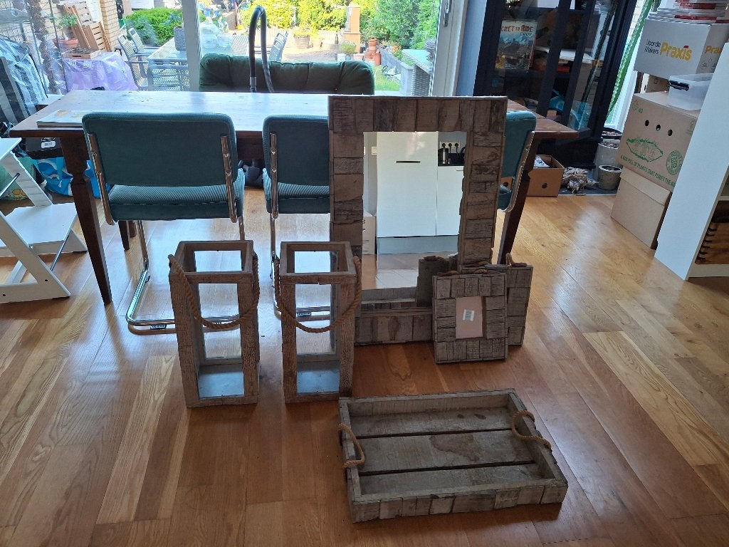 Riviera maison spiegel, lantaarns, fotolijstjes en dienblad, Ophalen, Hout, Gebruikt, Landelijk
