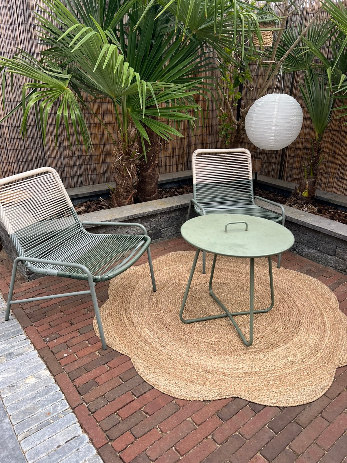 2 leuke draadstoeltjes en tafeltje groen/ creme Karwei, Kunststof, Gebruikt, Tuinset, Ophalen