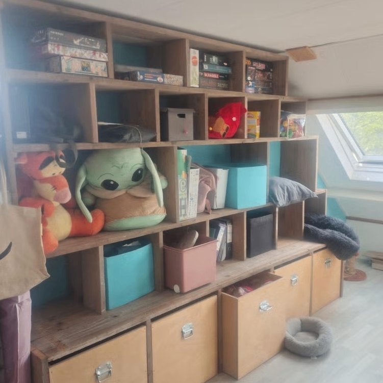 Grote steigerhouten kast. GEDEMONTEERD, Ophalen, Met plank(en), Gebruikt, 200 cm of meer