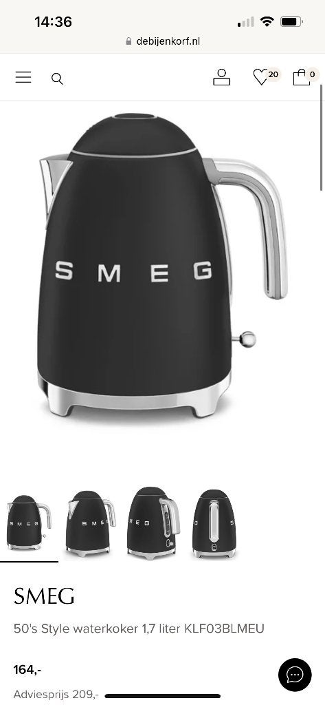 SMEG waterkoker mat zwart, 1 tot 2 liter, Ophalen of Verzenden, Zo goed als nieuw