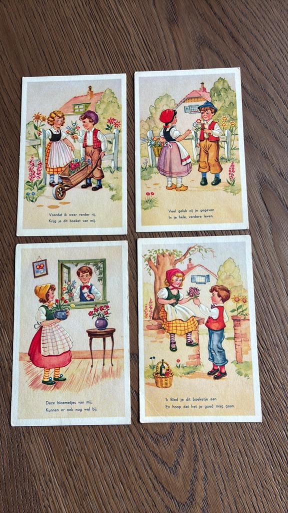 4 kinderkaarten. Jongen/meisje met rijm, Ophalen of Verzenden, Ongelopen, Kinderen