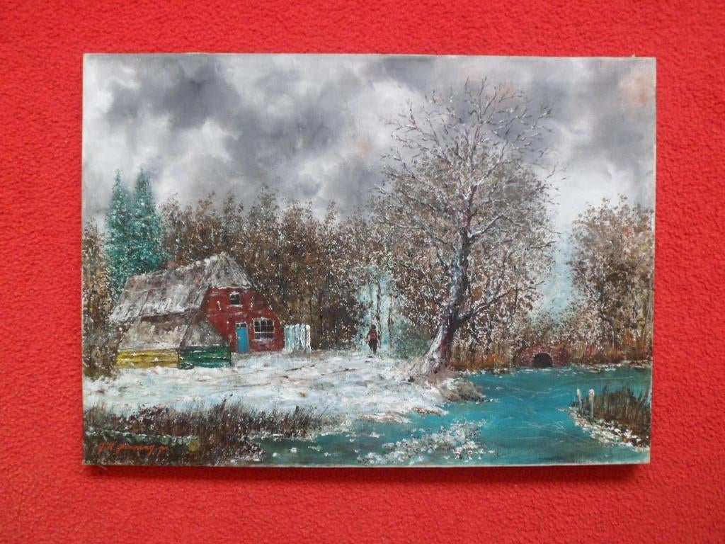"Pastoor" Hein Janning.194-1980.Winter, ijs in de gracht., Antiek en Kunst, Kunst | Schilderijen | Klassiek, Ophalen