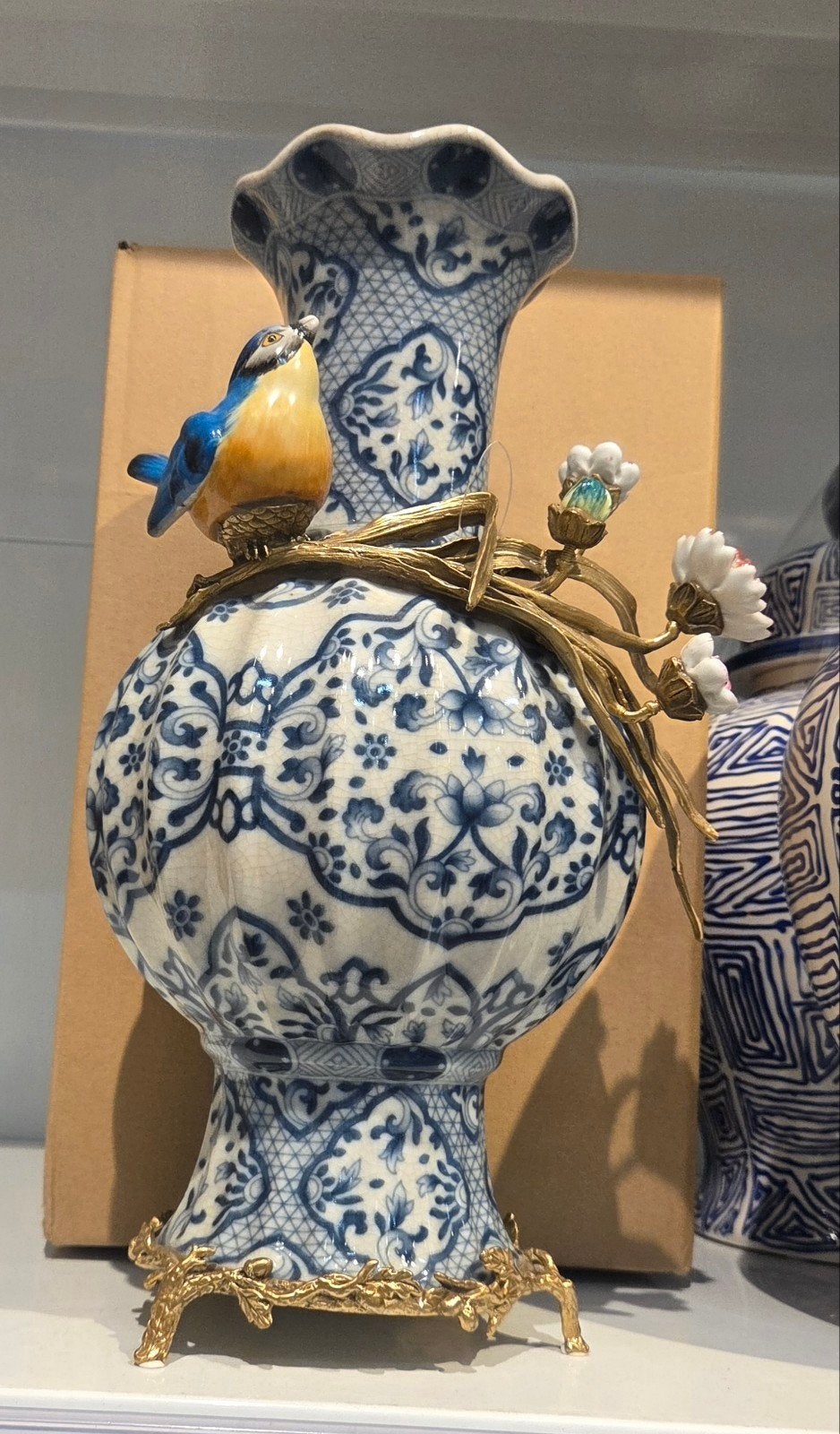 Delfts Blauwe Vaas met Vogel en Bloesemdecoratie, Ophalen of Verzenden
