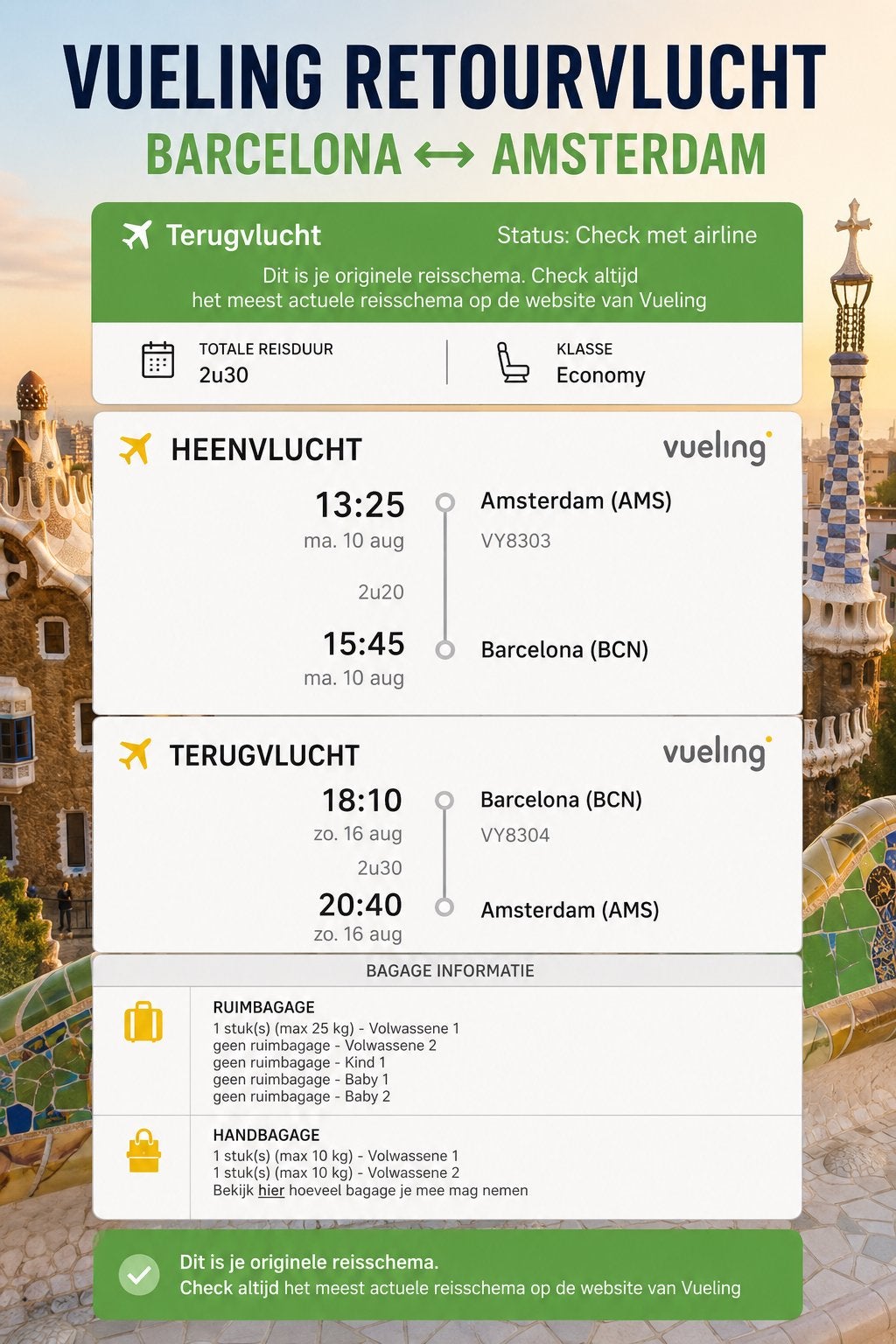 3 retour vliegtickets + 2 baby’s van AMS naar Barcelon, Tickets en Kaartjes, Drie personen of meer, Vliegtuig, Buitenland, Met bestemming of datum