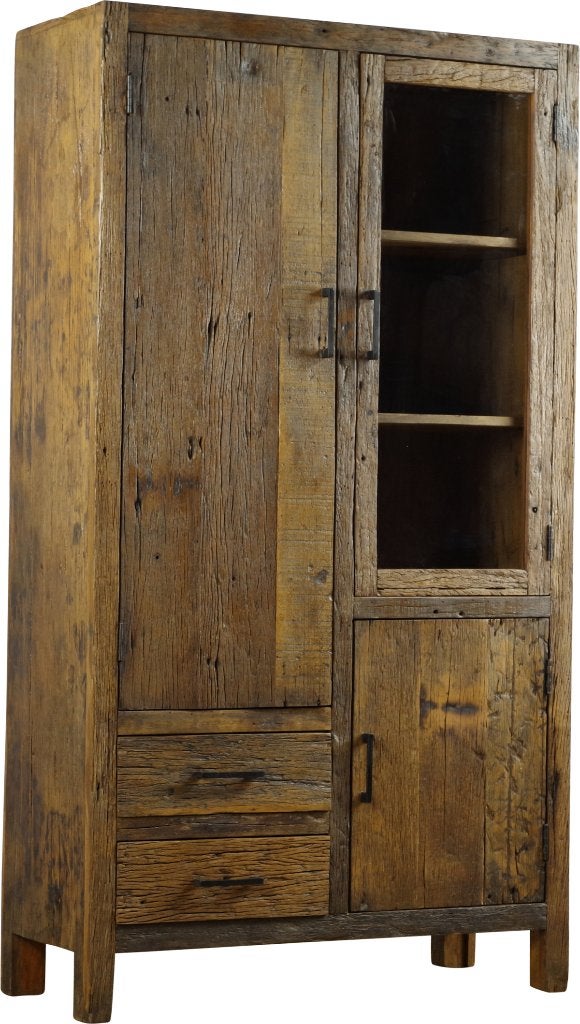 Kabinet 100 cm massief oud hout verdraaid mooi voorraad, Nieuw, 150 tot 200 cm, 25 tot 50 cm, Glas