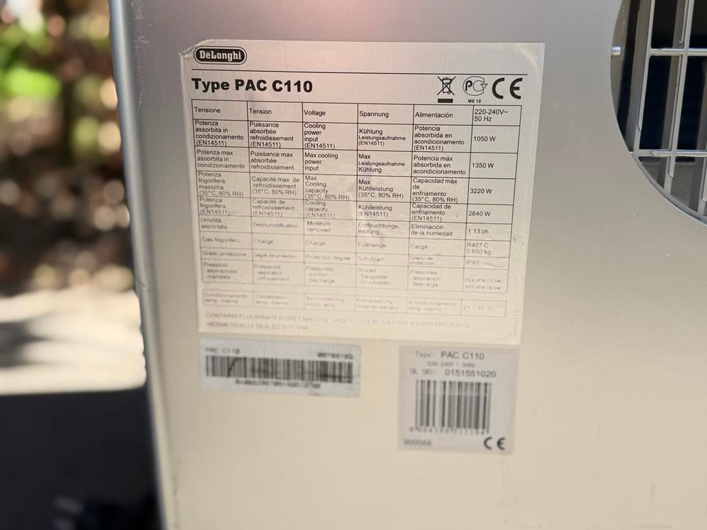 De'Longhi Pinguino PAC C110 Mobiele Airco, Witgoed en Apparatuur, Airco's, Gebruikt, Mobiele airco, 60 tot 100 m³, 3 snelheden of meer