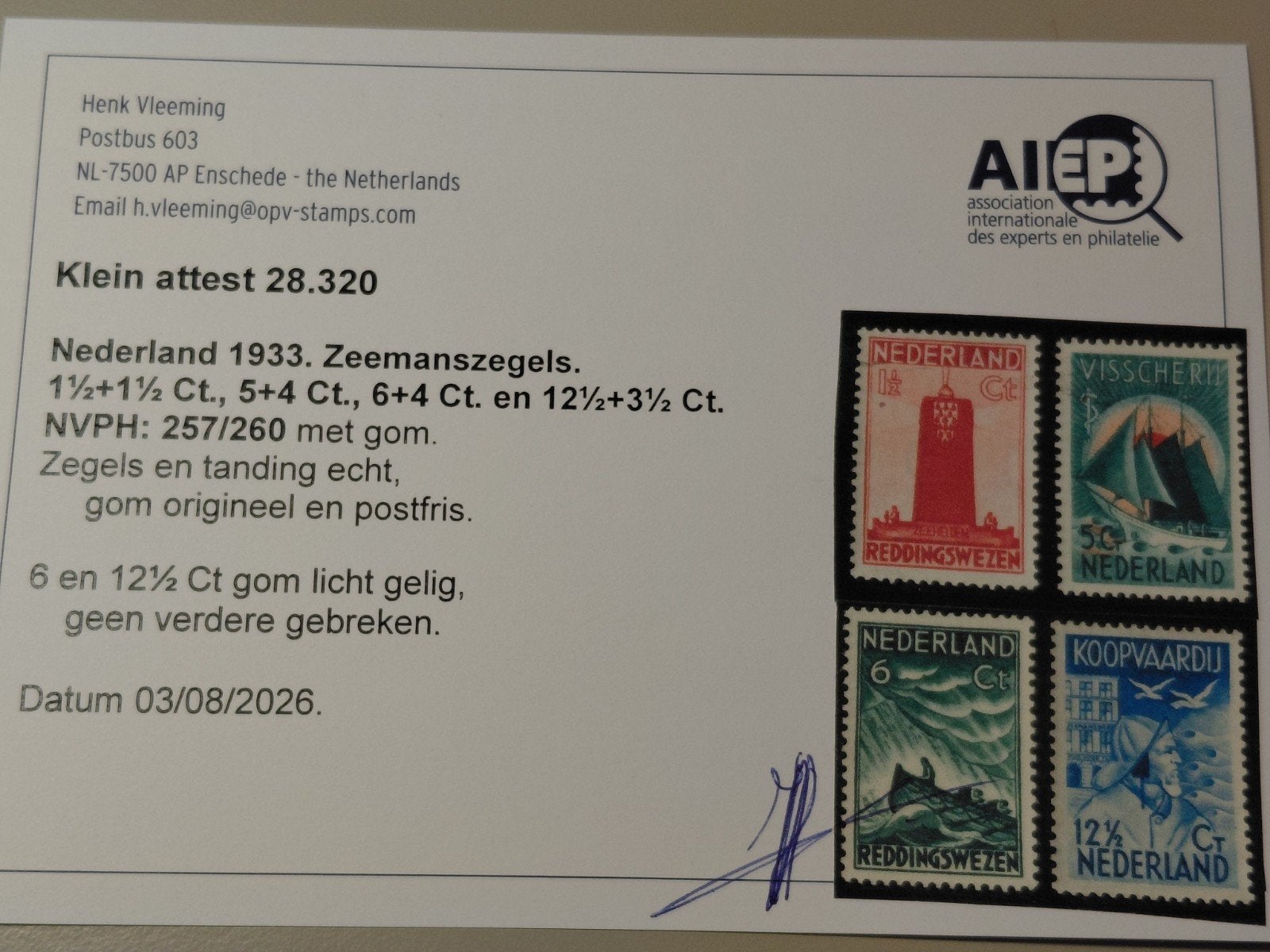 Nederland NVPH 257-260 postfris met certificaat 1933, Postzegels en Munten, Ophalen of Verzenden, T/m 1940, Postfris