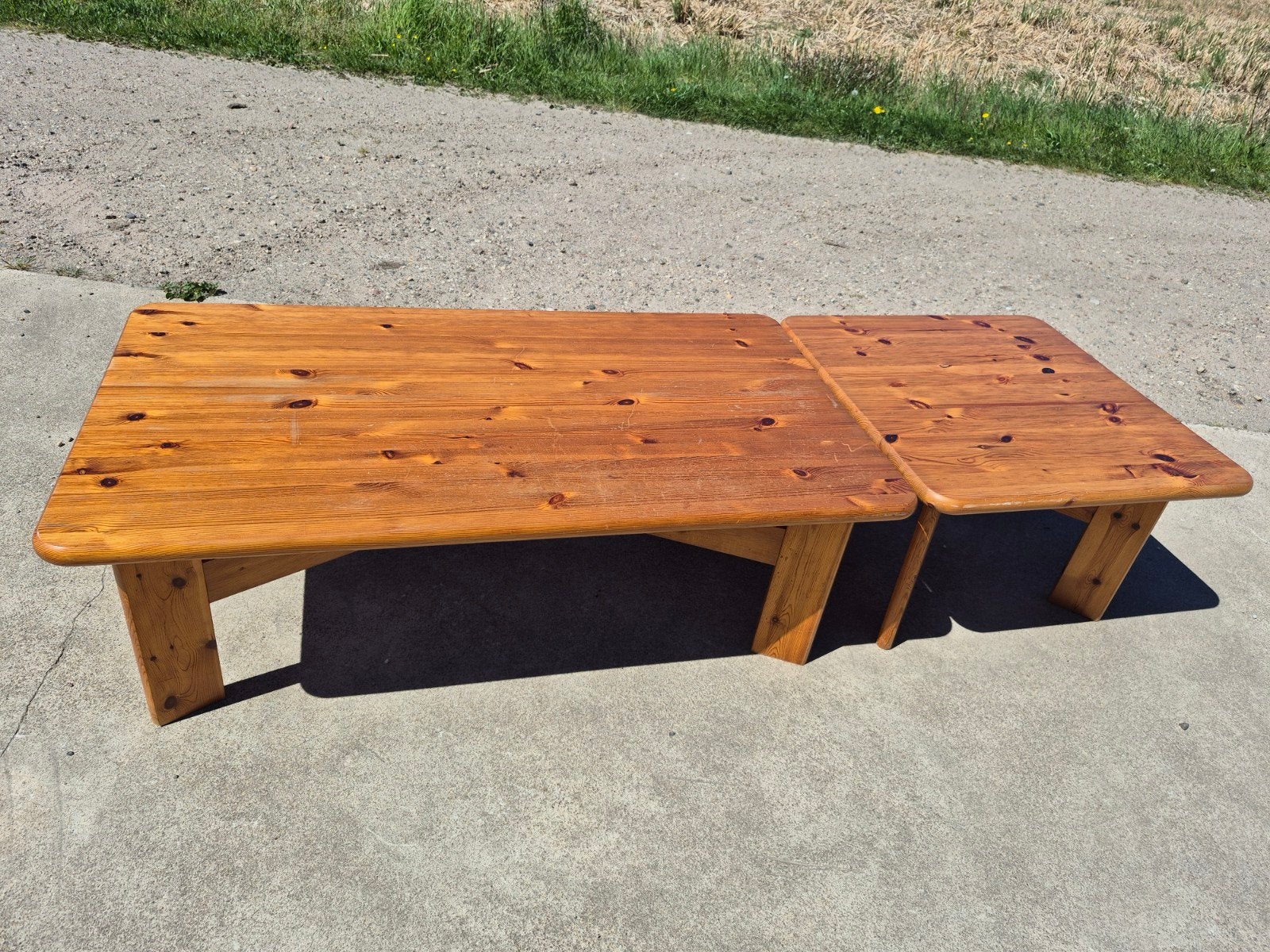 set 2 vintage grenen tafels OTM hoektafel salontafel, Ophalen, Gebruikt, Vintage design scandinavisch brutalist, 100 tot 150 cm