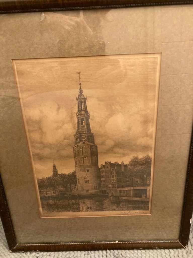 Ets van de Montelbaanstoren in Amsterdam, Antiek en Kunst, Kunst | Schilderijen | Klassiek, Ophalen of Verzenden