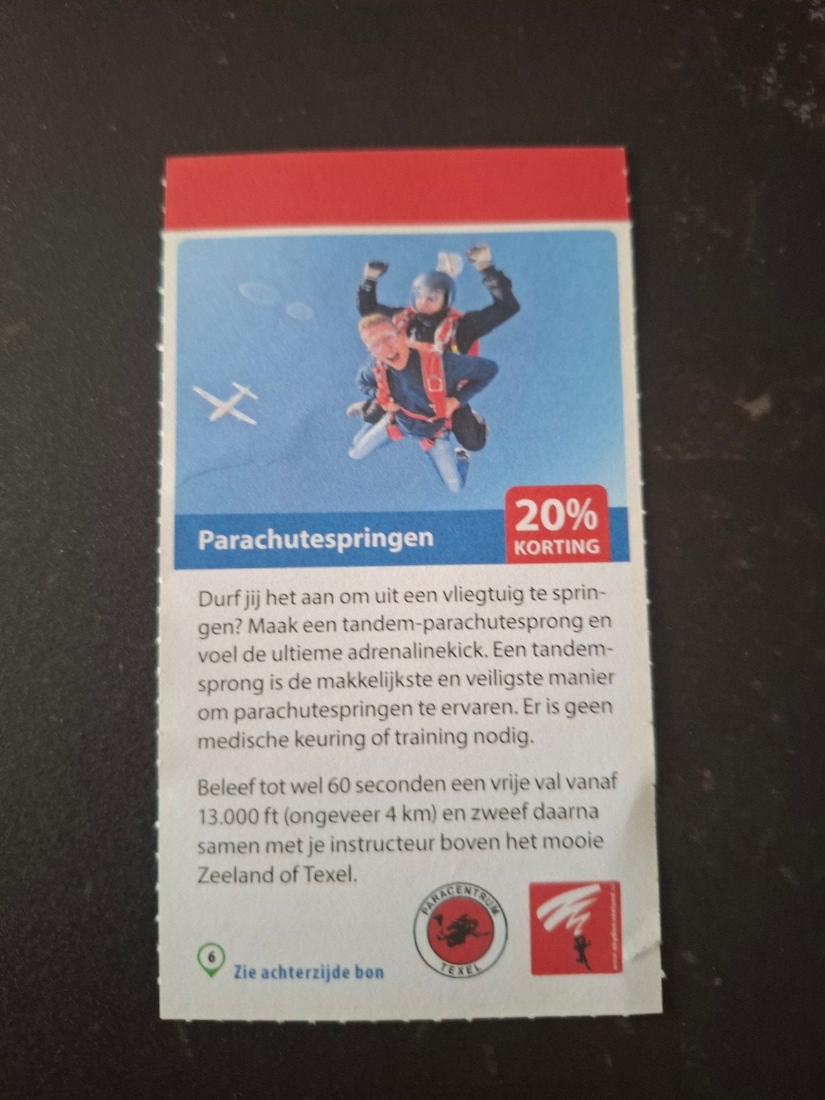 Parachutespringen 20% korting, Tickets en Kaartjes, Twee personen, Kortingsbon, Overige typen