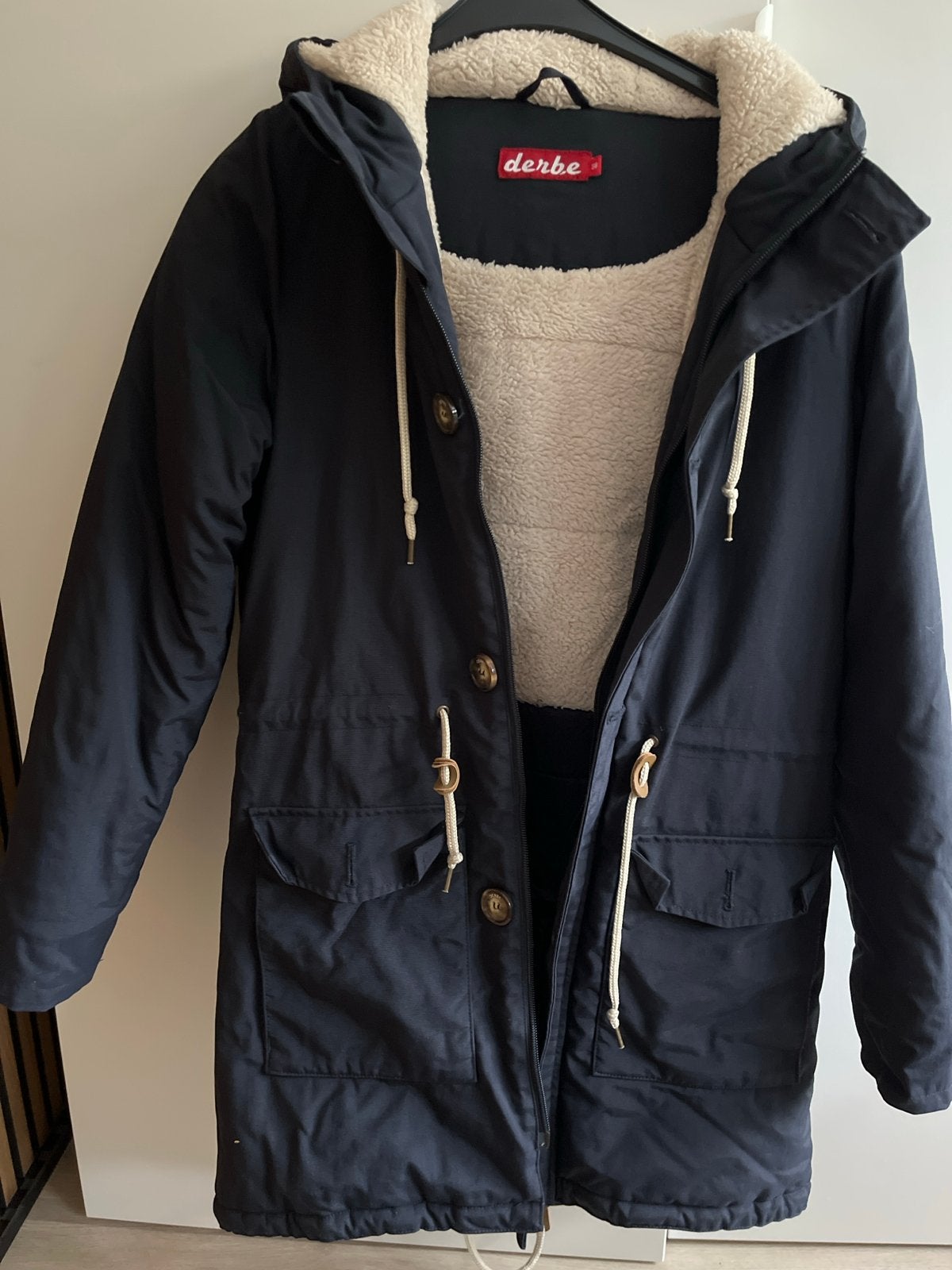 Derbe Parka Jas - Donkerblauw met teddy voering, Ophalen, Gedragen, Maat 38/40 (M), Blauw
