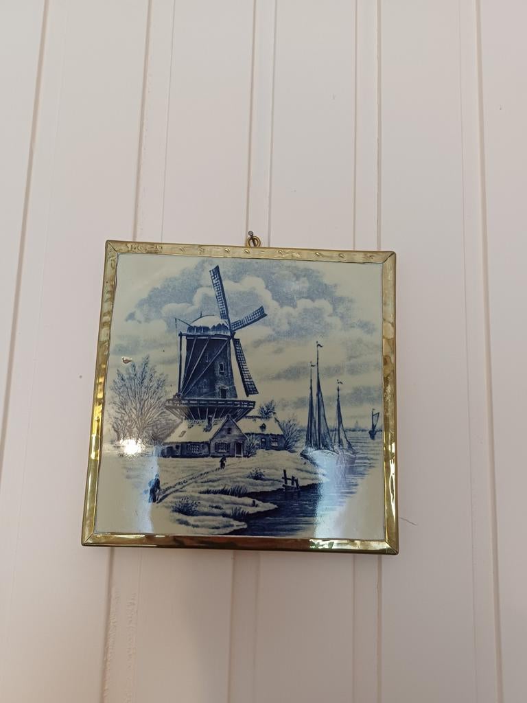 Delfts Blauw Tegeltableau met Molen en Zeilschepen, Antiek en Kunst, Ophalen of Verzenden