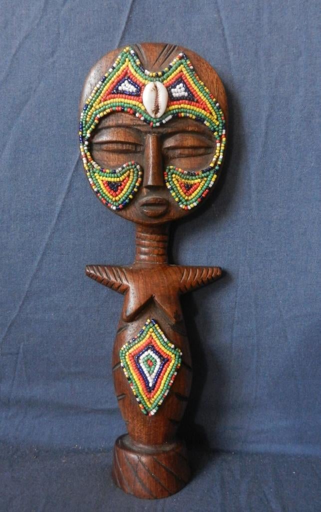 Houten vruchtbaarheidsbeeld Akuaba m kralen Ashanti Ghana, Antiek en Kunst, Ophalen of Verzenden